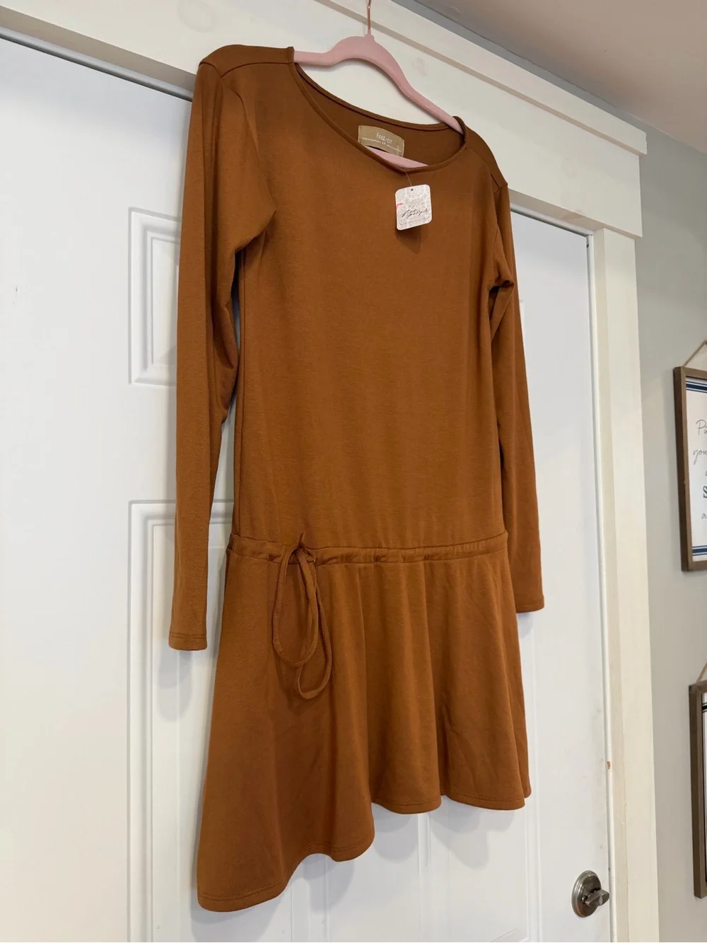 Free People Long-Sleeve Drop Tie-Waist Dress in Rust Brown